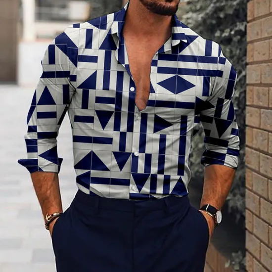 Best OUKU Men's Geometric Pattern Geometry Shirt Button Up Shirt Long Sleeve Fashion Designer Casual Outdoor Casual Holiday Summer Spring Turndown Print Button-Down Navy Blue