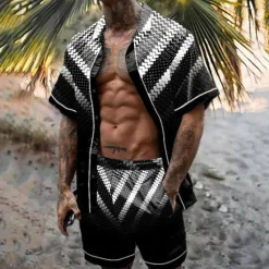 Discount OUKU Men's Geometric Pattern Geometry 2pcs Shirts Sets Summer Hawaiian Shirt Short Sleeve Short Pants Turndown Tropical Fashion Hawaiian Casual Holiday Beach Print Summer Spring Black Yellow Red