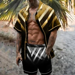 Discount OUKU Men's Geometric Pattern Geometry 2pcs Shirts Sets Summer Hawaiian Shirt Short Sleeve Short Pants Turndown Tropical Fashion Hawaiian Casual Holiday Beach Print Summer Spring Black Yellow Red