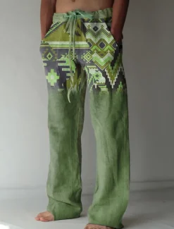 Outlet OUKU Men's Geometric Pattern Graphic Prints Linen Pants Trousers Summer Pants Mid Waist Streetwear Hawaiian Designer Casual Daily Holiday Drawstring Elastic Waist 3D Print Spring & Summer 3D Print Blue