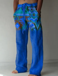 Outlet OUKU Men's Geometric Pattern Graphic Prints Linen Pants Trousers Summer Pants Mid Waist Streetwear Hawaiian Designer Casual Daily Holiday Drawstring Elastic Waist 3D Print Spring & Summer 3D Print Blue