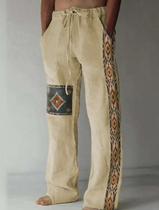 Outlet OUKU Men's Geometric Pattern Graphic Prints Linen Pants Trousers Summer Pants Mid Waist Vintage Ethnic Style Retro Vintage Casual Daily Holiday Drawstring Elastic Waist 3D Print Spring & Summer 3D Print