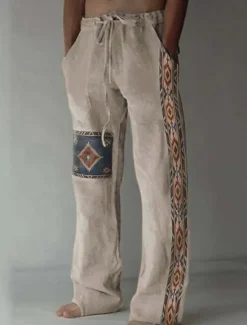 Outlet OUKU Men's Geometric Pattern Graphic Prints Linen Pants Trousers Summer Pants Mid Waist Vintage Ethnic Style Retro Vintage Casual Daily Holiday Drawstring Elastic Waist 3D Print Spring & Summer 3D Print