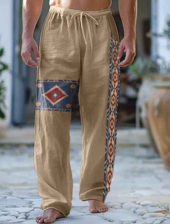 Outlet OUKU Men's Geometric Pattern Graphic Prints Linen Pants Trousers Summer Pants Mid Waist Vintage Ethnic Style Retro Vintage Casual Daily Holiday Drawstring Elastic Waist 3D Print Spring & Summer 3D Print