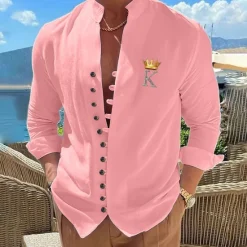 OUKU Men's Geometric Pattern Letter King Shirt Button Up Shirt Long Sleeve Fashion Streetwear Designer Outdoor Casual Daily Summer Spring Fall Stand Collar Print Black White Pink Blue Orange