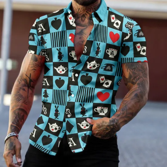 Discount OUKU Men's Geometric Pattern Poker Shirt Button Up Shirt Short Sleeve Fashion Designer Casual Daily Holiday Beach Spring & Summer Turndown Print Button-Down Blue-Green Red