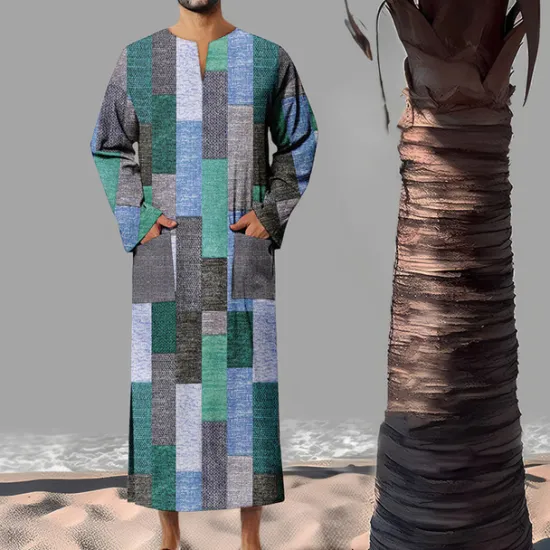 Best OUKU Men's Geometric Pattern Shirt Button Up Shirt Muslim Thobe Long Sleeve Vintage Fashion Designer Outdoor Fall & Winter V Neck Print Yellow Light Green Pink Blue Green