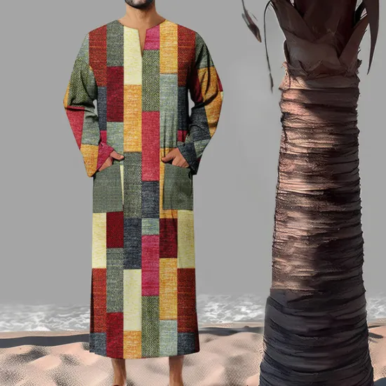 Best OUKU Men's Geometric Pattern Shirt Button Up Shirt Muslim Thobe Long Sleeve Vintage Fashion Designer Outdoor Fall & Winter V Neck Print Yellow Light Green Pink Blue Green