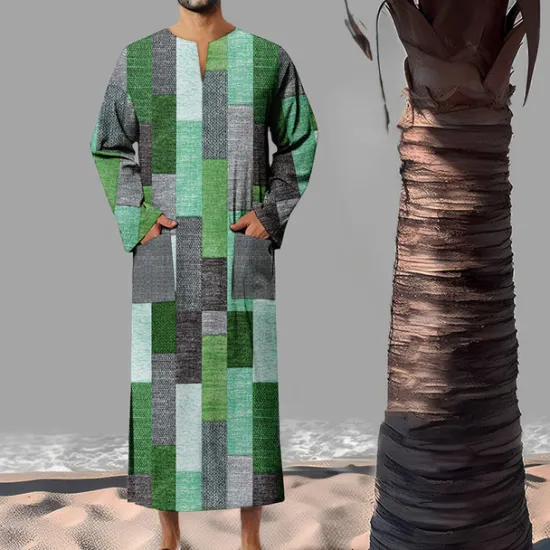 Best OUKU Men's Geometric Pattern Shirt Button Up Shirt Muslim Thobe Long Sleeve Vintage Fashion Designer Outdoor Fall & Winter V Neck Print Yellow Light Green Pink Blue Green