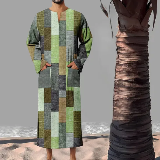 Best OUKU Men's Geometric Pattern Shirt Button Up Shirt Muslim Thobe Long Sleeve Vintage Fashion Designer Outdoor Fall & Winter V Neck Print Yellow Light Green Pink Blue Green
