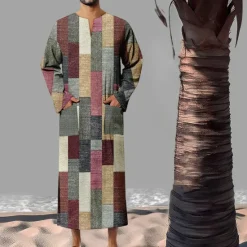 Best OUKU Men's Geometric Pattern Shirt Button Up Shirt Muslim Thobe Long Sleeve Vintage Fashion Designer Outdoor Fall & Winter V Neck Print Yellow Light Green Pink Blue Green