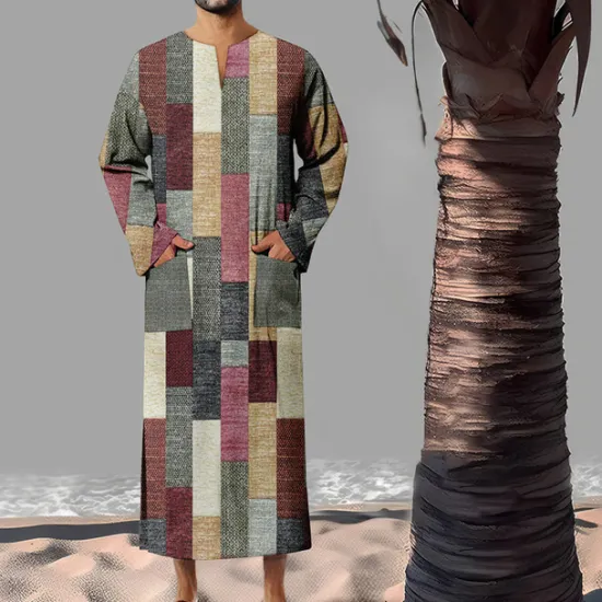 Best OUKU Men's Geometric Pattern Shirt Button Up Shirt Muslim Thobe Long Sleeve Vintage Fashion Designer Outdoor Fall & Winter V Neck Print Yellow Light Green Pink Blue Green