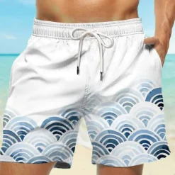Hot OUKU Men's Geometric Pattern Waves Swim Shorts Board Shorts Swimming Trunks Mid Waist Tropical Streetwear Hawaiian Vacation Daily Holiday Drawstring Elastic Waist 3D Print Designer Clothing Apparel White