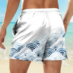 Hot OUKU Men's Geometric Pattern Waves Swim Shorts Board Shorts Swimming Trunks Mid Waist Tropical Streetwear Hawaiian Vacation Daily Holiday Drawstring Elastic Waist 3D Print Designer Clothing Apparel White