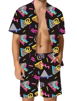 Sale OUKU Men's Geometric 2pcs Shirts Sets Summer Tops Short Sleeve Short Pants Turndown Casual Outdoor Home Casual 3D Print Summer Robin's Egg Blue Black Red