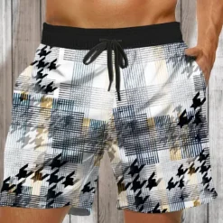 Discount OUKU Men's Geometric Plaid Color Block Swim Shorts Board Shorts Swimming Trunks Mid Waist Fashion Streetwear Designer Casual Daily Holiday Pocket Elastic Waist 3D Print Designer Clothing Apparel Black