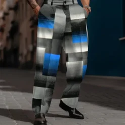 Sale OUKU Men's Geometric Plaid Color Block Dress Pants Mid Waist Business Casual Formal Street Dailywear Zipper Pocket Straight Leg Trousers Summer Spring Fall 3D Print Black Blue Brown