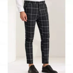 Online OUKU Men's Geometric Plaid Dress Pants Mid Waist Casual Outdoor Vacation Home Zipper Pocket Summer Spring Fall 3D Print Black Red Orange
