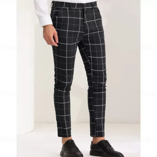 Online OUKU Men's Geometric Plaid Dress Pants Mid Waist Casual Outdoor Vacation Home Zipper Pocket Summer Spring Fall 3D Print Black Red Orange