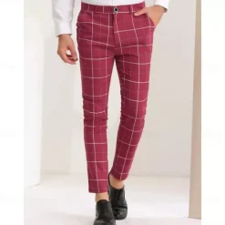 Online OUKU Men's Geometric Plaid Dress Pants Mid Waist Casual Outdoor Vacation Home Zipper Pocket Summer Spring Fall 3D Print Black Red Orange
