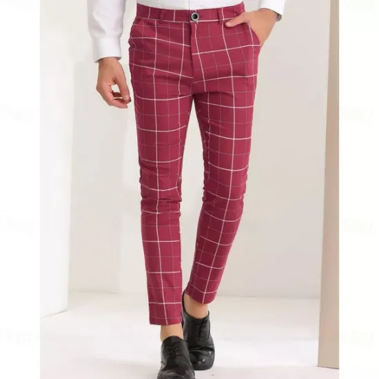 Online OUKU Men's Geometric Plaid Dress Pants Mid Waist Casual Outdoor Vacation Home Zipper Pocket Summer Spring Fall 3D Print Black Red Orange