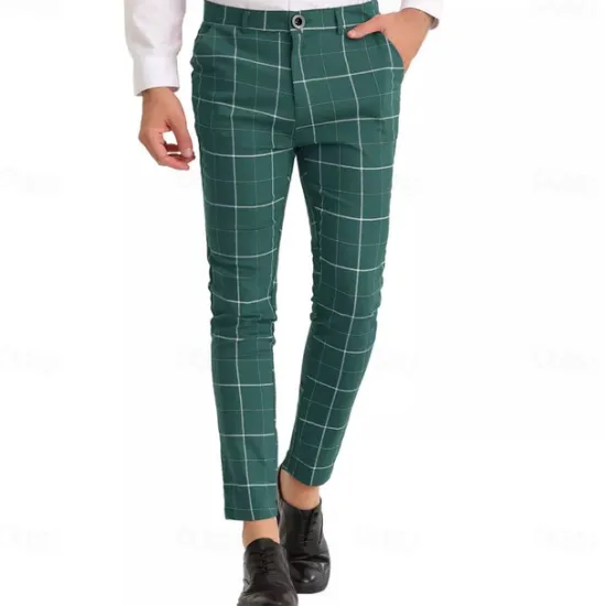 Online OUKU Men's Geometric Plaid Dress Pants Mid Waist Casual Outdoor Vacation Home Zipper Pocket Summer Spring Fall 3D Print Black Red Orange
