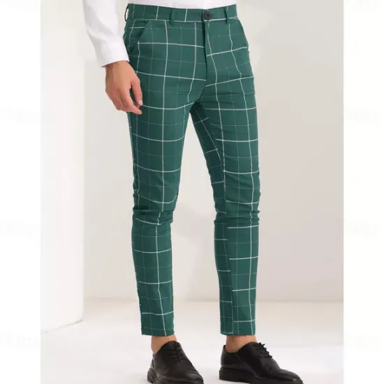 Online OUKU Men's Geometric Plaid Dress Pants Mid Waist Casual Outdoor Vacation Home Zipper Pocket Summer Spring Fall 3D Print Black Red Orange