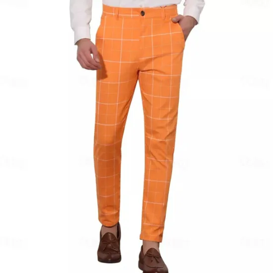Online OUKU Men's Geometric Plaid Dress Pants Mid Waist Casual Outdoor Vacation Home Zipper Pocket Summer Spring Fall 3D Print Black Red Orange