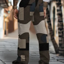 Outlet OUKU Men's Geometric Plaid Dress Pants Mid Waist Vintage Business Casual Formal Dailywear Pocket Straight Leg Trousers Summer Spring Fall 3D Print Brown