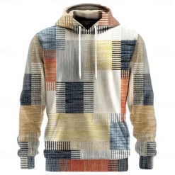 Sale OUKU Men's Geometric Plaid Hoodies Sweatshirt Ethnic Cowboy Long Sleeve Crew Neck Holiday Streetwear Red Blue Drawstring Fall Winter Designer