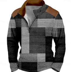 Clearance OUKU Men's Geometric Plaid Sweatshirt Sports Fashion Long Sleeve Stand Collar Home Party Work Blue Purple Fall Winter Designer