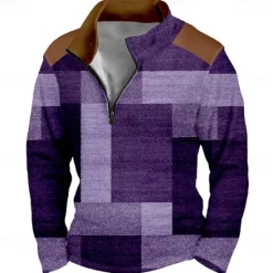 Clearance OUKU Men's Geometric Plaid Sweatshirt Sports Fashion Long Sleeve Stand Collar Home Party Work Blue Purple Fall Winter Designer