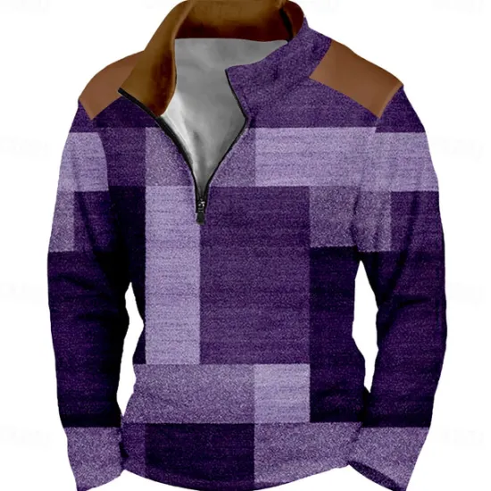 Clearance OUKU Men's Geometric Plaid Sweatshirt Sports Fashion Long Sleeve Stand Collar Home Party Work Blue Purple Fall Winter Designer