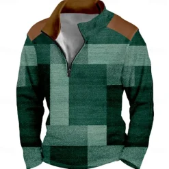 Clearance OUKU Men's Geometric Plaid Sweatshirt Sports Fashion Long Sleeve Stand Collar Home Party Work Blue Purple Fall Winter Designer