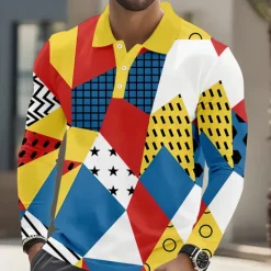 Outlet OUKU Men's Geometric Polo Long Sleeve Polo Shirts Lapel Casual Athleisure Daily Wear 3D Print Buttons Spring Fall Winter Yellow Purple Orange