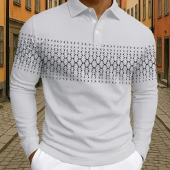 New OUKU Men's Geometric Polo Long Sleeve Polo Shirts Lapel Business Casual Athleisure Daily Wear 3D Print Buttons Spring Fall Winter Black White Blue