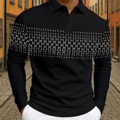 New OUKU Men's Geometric Polo Long Sleeve Polo Shirts Lapel Business Casual Athleisure Daily Wear 3D Print Buttons Spring Fall Winter Black White Blue