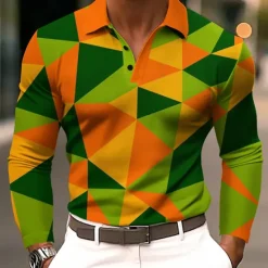 Discount OUKU Men's Geometric Polo Long Sleeve Polo Shirts Lapel Casual Athleisure Daily Wear 3D Print Buttons Spring Fall Winter Red Green