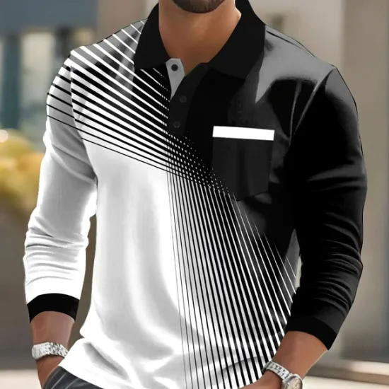 Clearance OUKU Men's Geometric Polo Long Sleeve Polo Shirts Lapel Casual Business Casual Athleisure Daily Wear Pocket 3D Print Buttons Spring Fall Black Red Blue