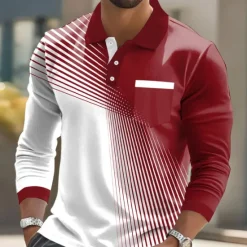 Clearance OUKU Men's Geometric Polo Long Sleeve Polo Shirts Lapel Casual Business Casual Athleisure Daily Wear Pocket 3D Print Buttons Spring Fall Black Red Blue