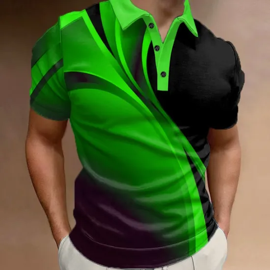 Hot OUKU Men's Geometric Polo Shirts Golf Shirt Short Sleeve Polo Shirts Collared Shirts Business Casual Vacation Wear Formal Wear Festival Wear Buttons 3D Print Summer Blue Green Gray