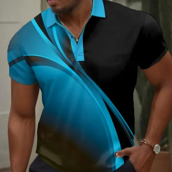 Hot OUKU Men's Geometric Polo Shirts Golf Shirt Short Sleeve Polo Shirts Collared Shirts Business Casual Vacation Wear Formal Wear Festival Wear Buttons 3D Print Summer Blue Green Gray