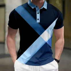 OUKU Men's Geometric Polo Shirts Golf Shirt Short Sleeve Polo Shirts Collared Shirts Casual Vacation Wear Formal Wear Festival Wear Buttons 3D Print Summer Blue