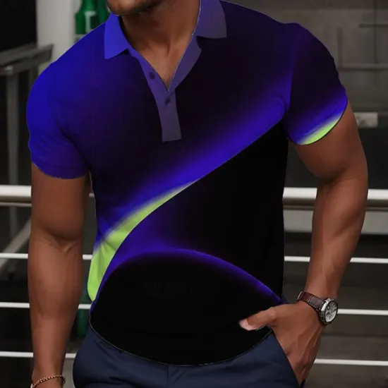 Online OUKU Men's Geometric Polo Shirts Golf Shirt Short Sleeve Polo Shirts Collared Shirts Business Casual Vacation Wear Formal Wear Festival Wear Buttons 3D Print Summer Blue Purple Green