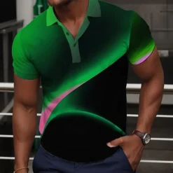 Online OUKU Men's Geometric Polo Shirts Golf Shirt Short Sleeve Polo Shirts Collared Shirts Business Casual Vacation Wear Formal Wear Festival Wear Buttons 3D Print Summer Blue Purple Green