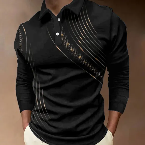 OUKU Men's Geometric Polo Shirts Golf Shirt Long Sleeve Polo Shirts Collared Shirts Business Casual WorkWear Formal Wear Festival Wear Buttons 3D Print Black