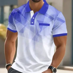 OUKU Men's Geometric Polo Short Sleeve Turndown Business Casual Daily Sports & Outdoor Business Casual Daily Pocket Buttons Summer Robin's Egg Blue Dark Blue Green