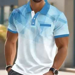 OUKU Men's Geometric Polo Short Sleeve Turndown Business Casual Daily Sports & Outdoor Business Casual Daily Pocket Buttons Summer Robin's Egg Blue Dark Blue Green
