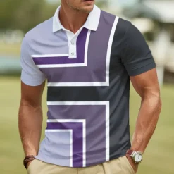 Outlet OUKU Men's Geometric Polo Short Sleeve Polo Shirts Collared Shirts Casual Athleisure Daily Wear Buttons Summer Pink Blue Purple