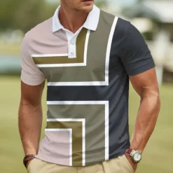 Outlet OUKU Men's Geometric Polo Short Sleeve Polo Shirts Collared Shirts Casual Athleisure Daily Wear Buttons Summer Pink Blue Purple